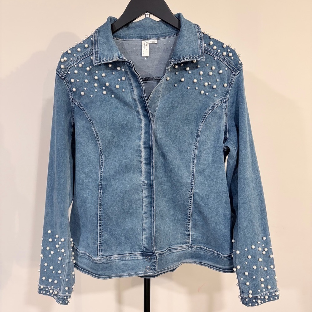 Glam Vintage Pearl Chic Denim Jean Stretchy Jacket Feminine Western Y2K Large